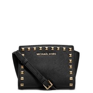 Michael Kors Selma Small Studded Saffiano Leather Messenger Bag in Black